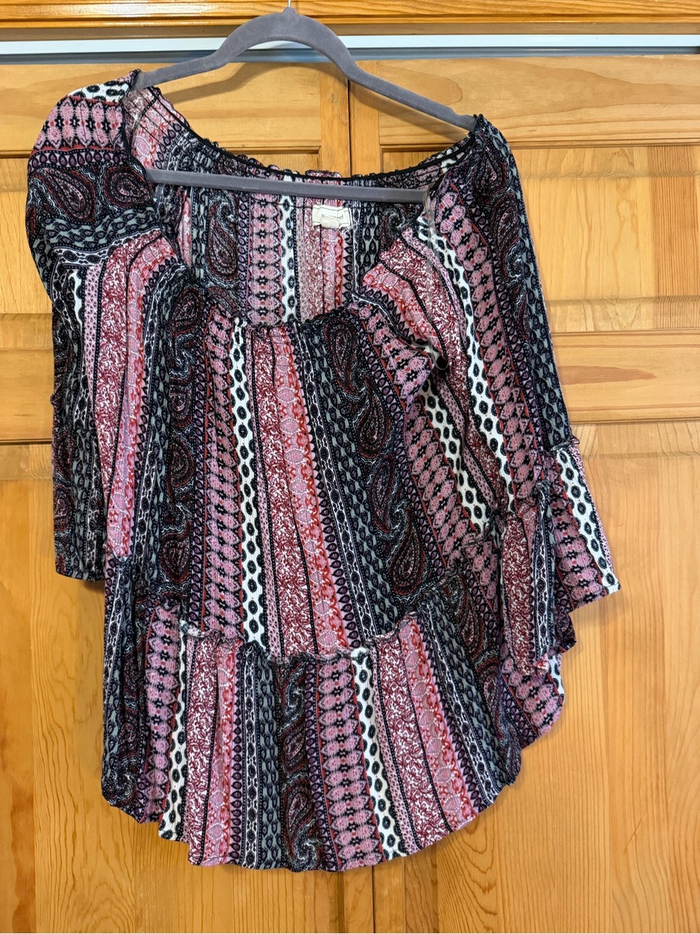 Boho Stripe Paisley Peasant Tunic in Pink, Black & Cream